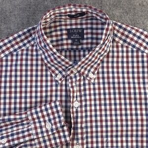 J Crew Flex Washed Shirt Medium Slim Fit Red Blue Check Long Sleeve Button Down